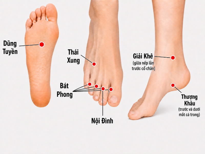 Các huyệt lòng bàn chân và vùng quanh chân khi bấm huyệt